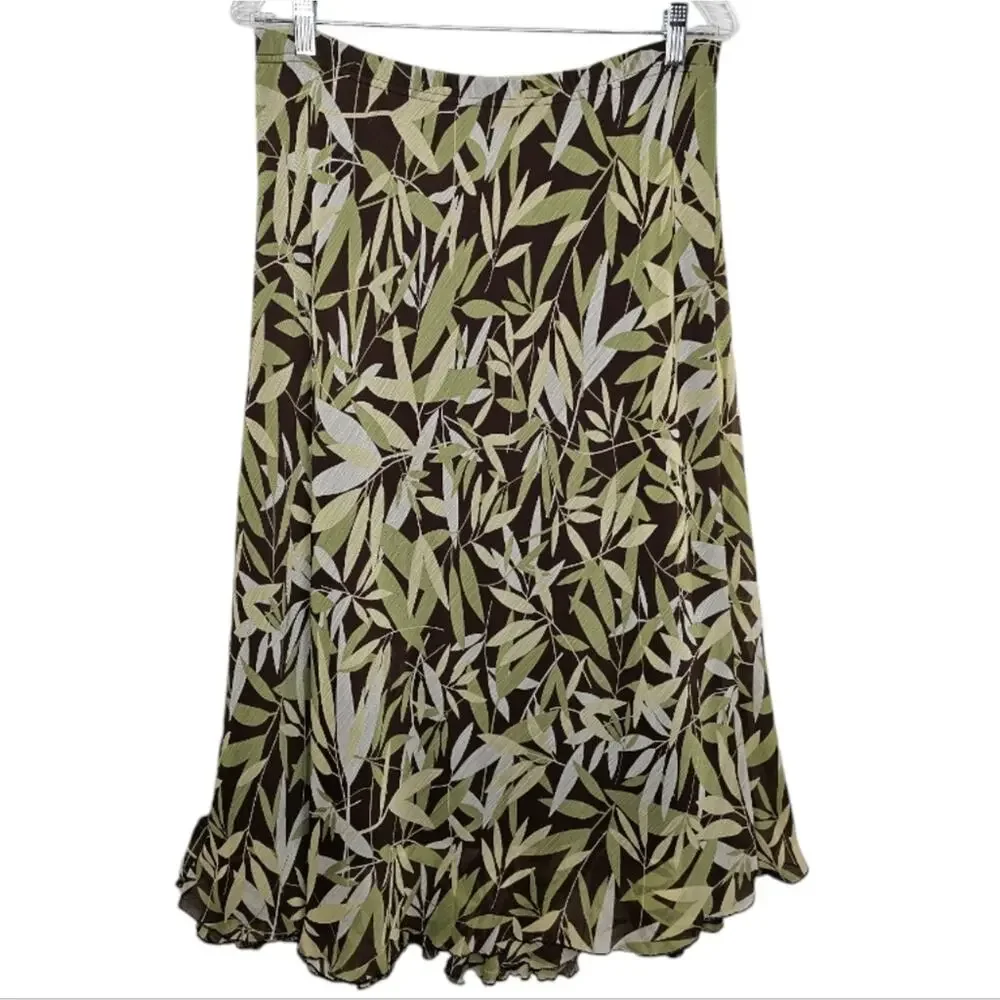 Briggs New York Green Leaf Pattern Sheer Overlay with Ruffled Hem Skirt Size 12